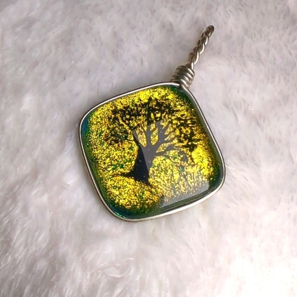 Handmade Jewelry - Artisan Made Dichroic Glass Tree Of Life Pendant Wrapped In Sterling Wire